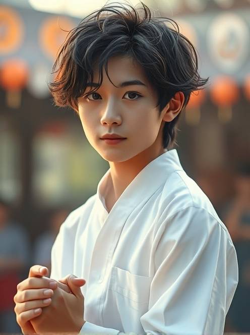 打地掷球的乐趣the theme is a portrait of a kpop idol. the main body in the picture is a handsome young man with dark short curly hair. he is wearing a fine white shirt that perfectly shows his figure. his face is as delicate as dilraba dilmurat's, with an anime visual sense.(1)