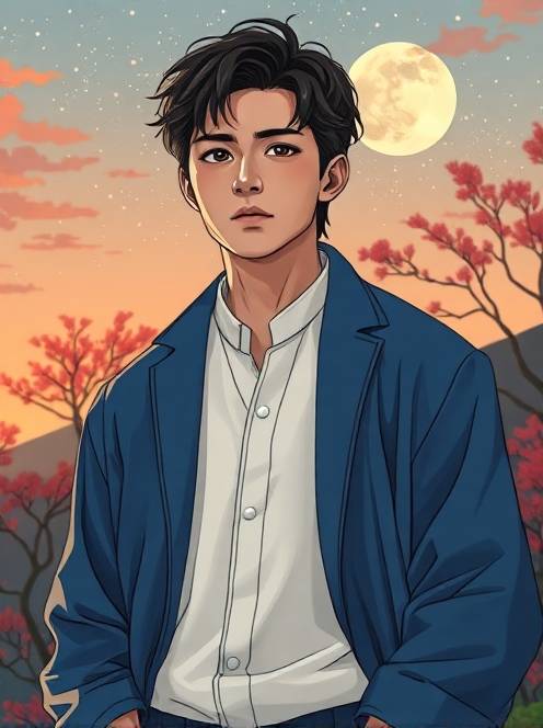 热血橄榄球the theme is a portrait of a kpop idol. the main body in the picture is a handsome young man with dark short curly hair. he is wearing a fine white shirt that perfectly shows his figure. his face is as delicate as dilraba dilmurat's, with an anime visual sense.(1)