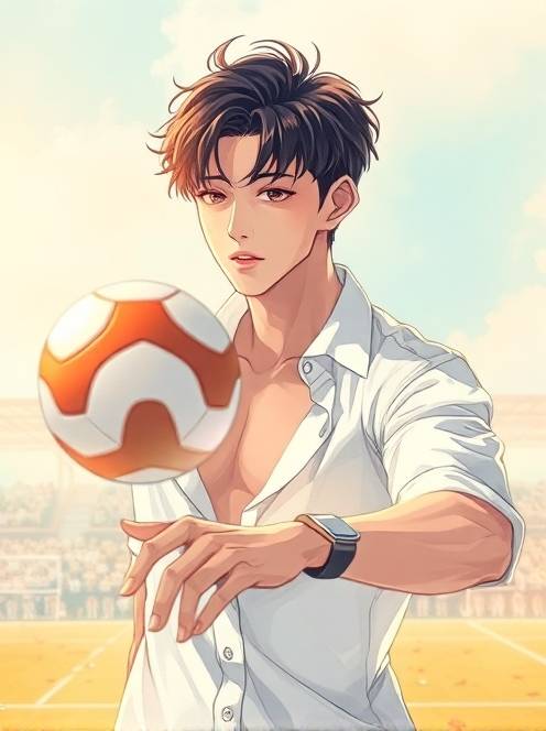 打手球的乐趣the theme is a portrait of a kpop idol. the main body in the picture is a handsome young man with dark short curly hair. he is wearing a fine white shirt that perfectly shows his figure. his face is as delicate as dilraba dilmurat's, with an anime visual sense.(1)