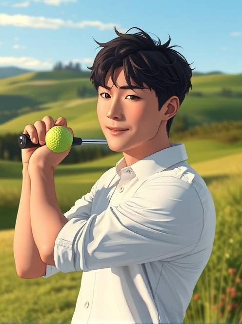 打门球的乐趣the theme is a portrait of a kpop idol. the main body in the picture is a handsome young man with dark short curly hair. he is wearing a fine white shirt that perfectly shows his figure. his face is as delicate as dilraba dilmurat's, with an anime visual sense.(1)
