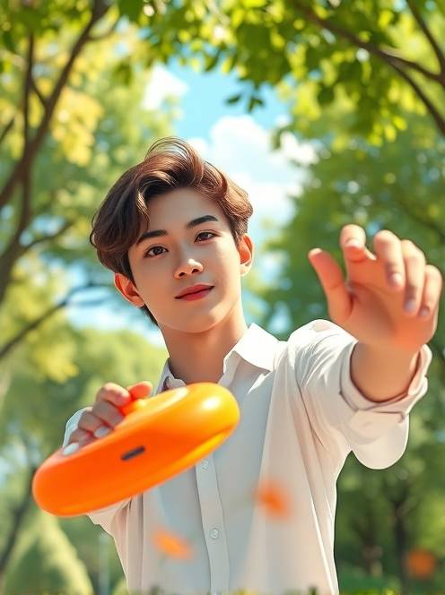 打飞盘的快乐时光the theme is a portrait of a kpop idol. the main body in the picture is a handsome young man with dark short curly hair. he is wearing a fine white shirt that perfectly shows his figure. his face is as delicate as dilraba dilmurat's, with an anime visual sense.(1)