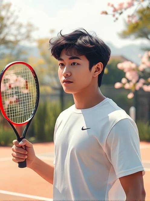 打软式网球的乐趣the theme is a portrait of a kpop idol. the main body in the picture is a handsome young man with dark short curly hair. he is wearing a fine white shirt that perfectly shows his figure. his face is as delicate as dilraba dilmurat's, with an anime visual sense.(1)