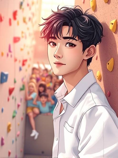 打壁球的乐趣the theme is a portrait of a kpop idol. the main body in the picture is a handsome young man with dark short curly hair. he is wearing a fine white shirt that perfectly shows his figure. his face is as delicate as dilraba dilmurat's, with an anime visual sense.(1)