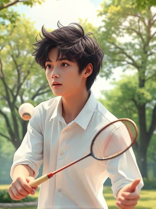 打藤球的乐趣the theme is a portrait of a kpop idol. the main body in the picture is a handsome young man with dark short curly hair. he is wearing a fine white shirt that perfectly shows his figure. his face is as delicate as dilraba dilmurat's, with an anime visual sense.(1)