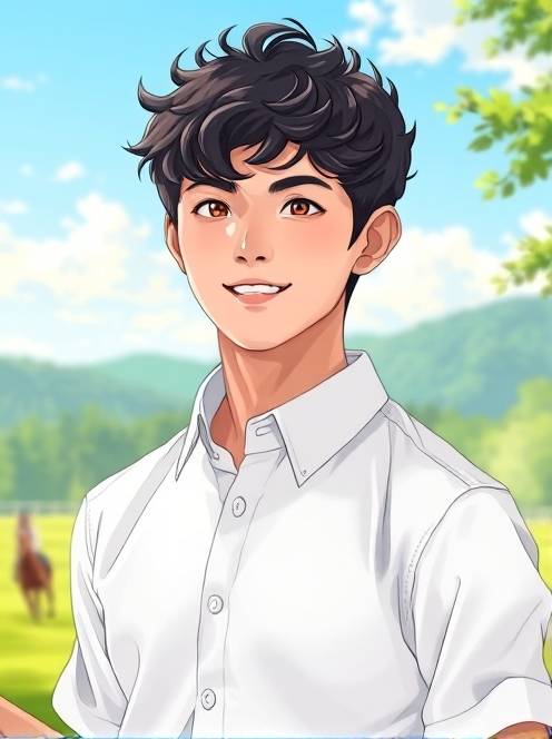 打马球的乐趣the theme is a portrait of a kpop idol. the main body in the picture is a handsome young man with dark short curly hair. he is wearing a fine white shirt that perfectly shows his figure. his face is as delicate as dilraba dilmurat's, with an anime visual sense.(1)
