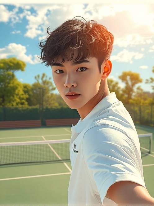 硬地网球的乐趣the theme is a portrait of a kpop idol. the main body in the picture is a handsome young man with dark short curly hair. he is wearing a fine white shirt that perfectly shows his figure. his face is as delicate as dilraba dilmurat's, with an anime visual sense.(1)