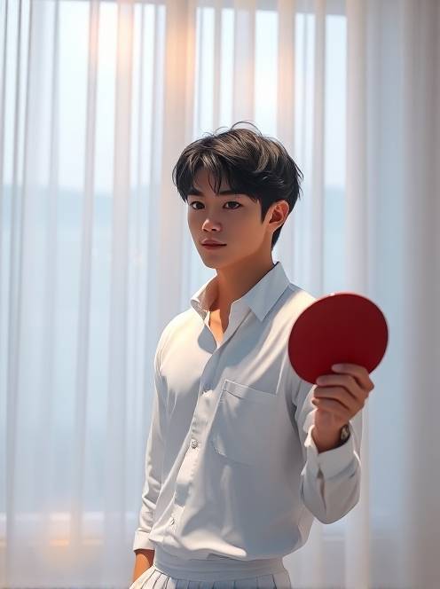 打乒乓球的乐趣the theme is a portrait of a kpop idol. the main body in the picture is a handsome young man with dark short curly hair. he is wearing a fine white shirt that perfectly shows his figure. his face is as delicate as dilraba dilmurat's, with an anime visual sense.(1) 打乒乓球的乐趣the theme is a portrait of a kpop idol. the main body in the picture is a handsome young man with dark short curly hair. he is wearing a fine white shirt that perfectly shows his figure. his face is as delicate as dilraba dilmurat's, with an anime visual sense.(1)