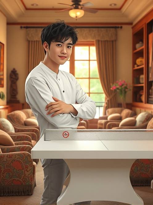 室内网球的乐趣the theme is a portrait of a kpop idol. the main body in the picture is a handsome young man with dark short curly hair. he is wearing a fine white shirt that perfectly shows his figure. his face is as delicate as dilraba dilmurat's, with an anime visual sense.(1)