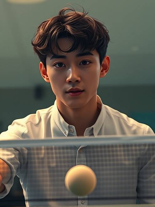 打板球的乐趣the theme is a portrait of a kpop idol. the main body in the picture is a handsome young man with dark short curly hair. he is wearing a fine white shirt that perfectly shows his figure. his face is as delicate as dilraba dilmurat's, with an anime visual sense.(1)