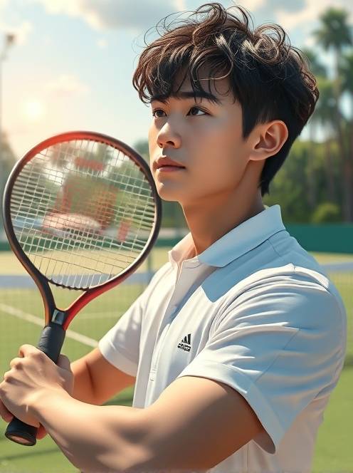 打网球的乐趣the theme is a portrait of a kpop idol. the main body in the picture is a handsome young man with dark short curly hair. he is wearing a fine white shirt that perfectly shows his figure. his face is as delicate as dilraba dilmurat's, with an anime visual sense.(1) 打网球的乐趣the theme is a portrait of a kpop idol. the main body in the picture is a handsome young man with dark short curly hair. he is wearing a fine white shirt that perfectly shows his figure. his face is as delicate as dilraba dilmurat's, with an anime visual sense.(1)