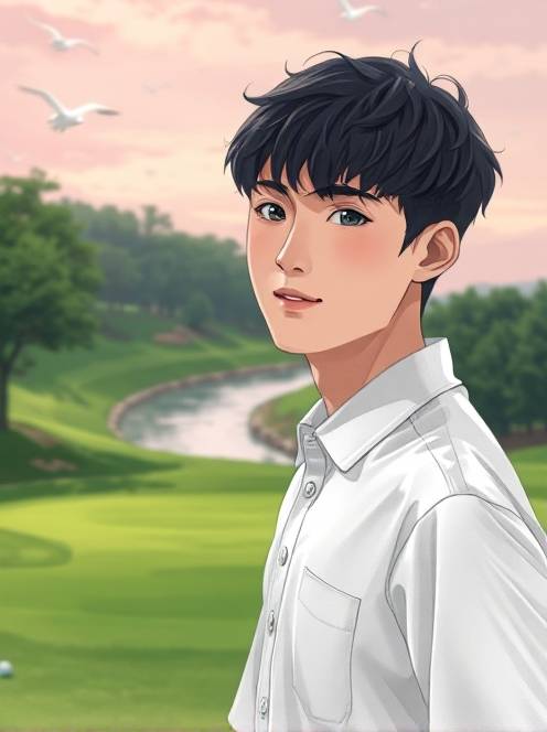 我的高尔夫球初体验the theme is a portrait of a kpop idol. the main body in the picture is a handsome young man with dark short curly hair. he is wearing a fine white shirt that perfectly shows his figure. his face is as delicate as dilraba dilmurat's, with an anime visual sense.(1)